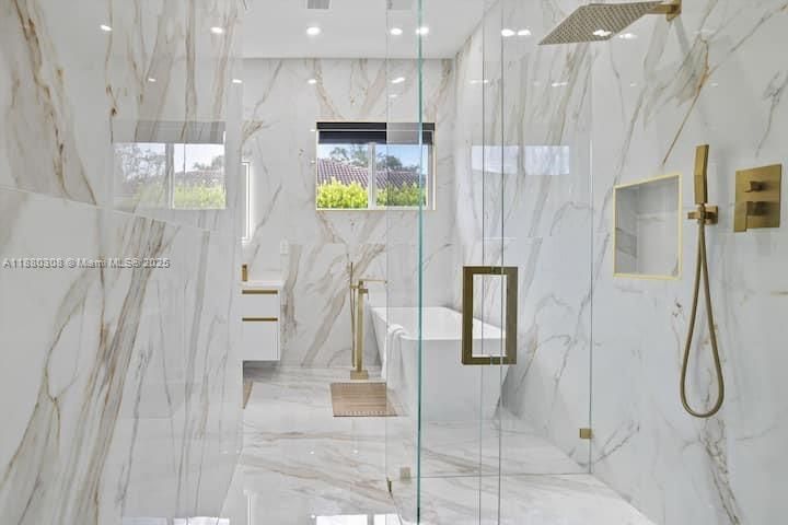Bathroom, Glass Shower, Interior, Marble, Marble Walls