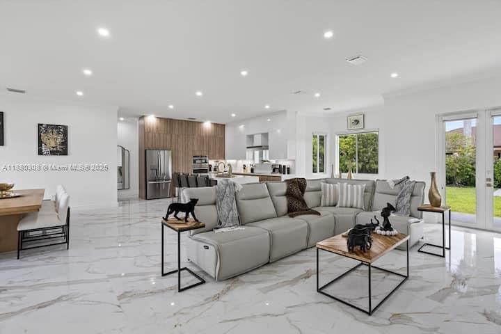 Dining room, Interior, Kitchen, Living room, Marble, Recessed Lighting, Stainless Steel Appliances
