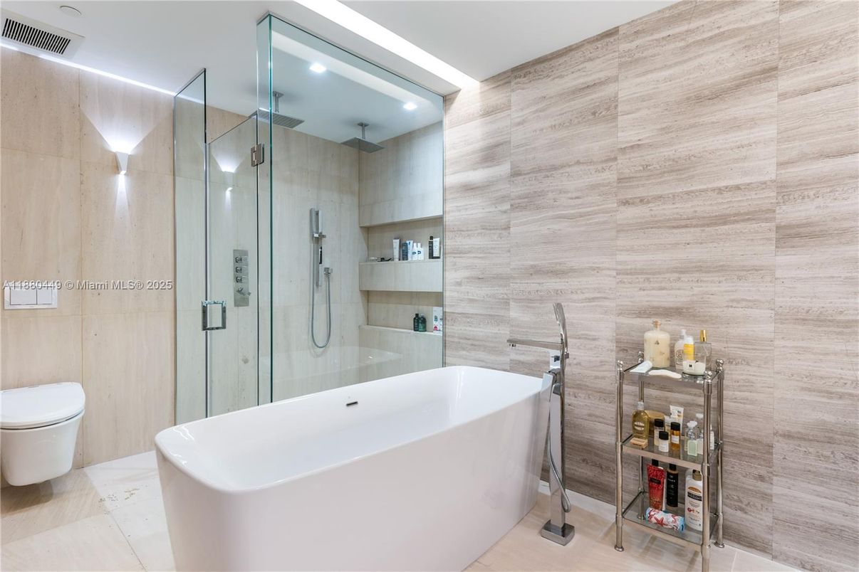 Bathroom, Free Standing Baths, Glass Shower, Interior, Recessed Lighting, Wooden Walls