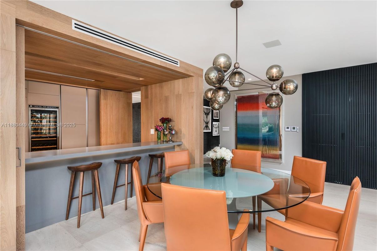 Dining room, Interior, Kitchen, Pendant Lights, Stainless Steel Appliances, Wooden Walls