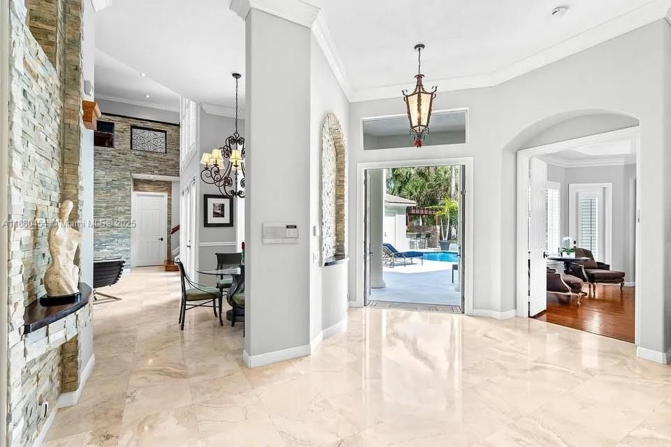 Chandelier, Interior, Marble, Pendant Lights, Recessed Lighting, Stone Walls
