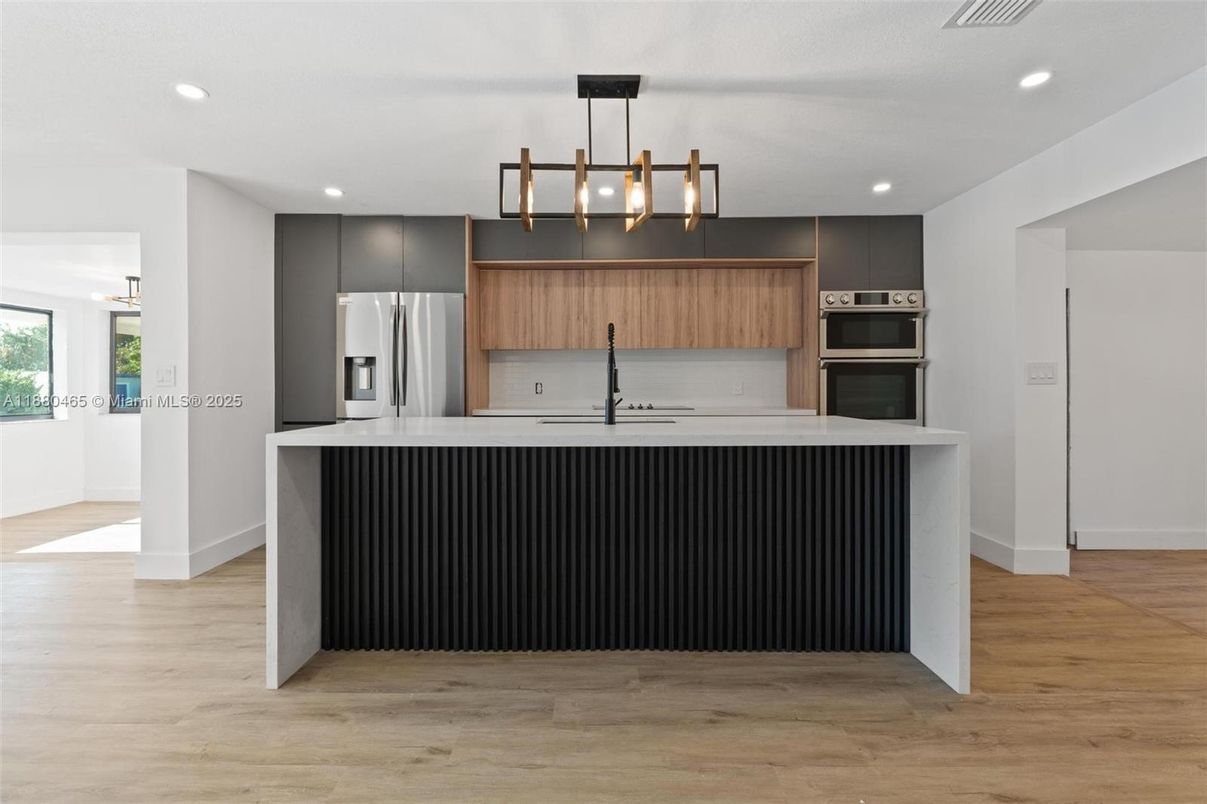 Interior, Kitchen, Pendant Lights, Recessed Lighting, Stainless Steel Appliances, Wood Texture Flooring