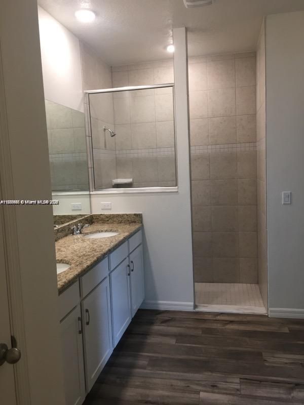 Bathroom, Glass Shower, Interior, Recessed Lighting, Wood Texture Flooring