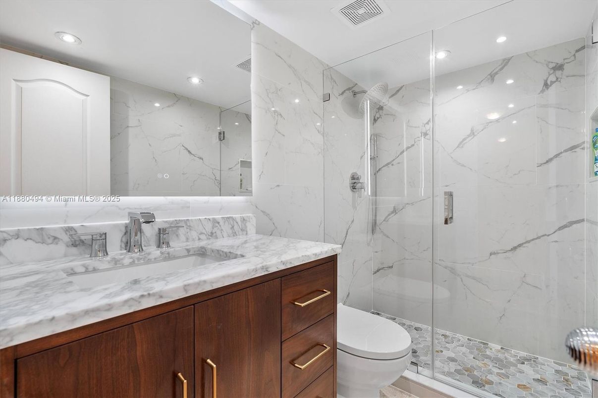 Bathroom, Glass Shower, Interior, Marble Walls, Recessed Lighting