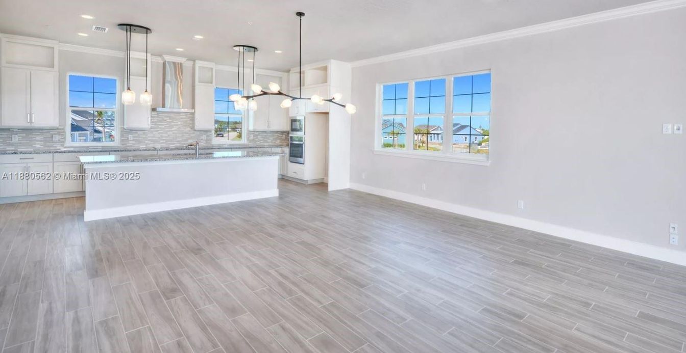 Empty room, Interior, Kitchen, Pendant Lights, Recessed Lighting, Wood Texture Flooring