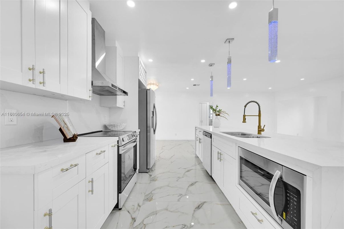 Interior, Kitchen, Marble, Pendant Lights, Recessed Lighting, Stainless Steel Appliances