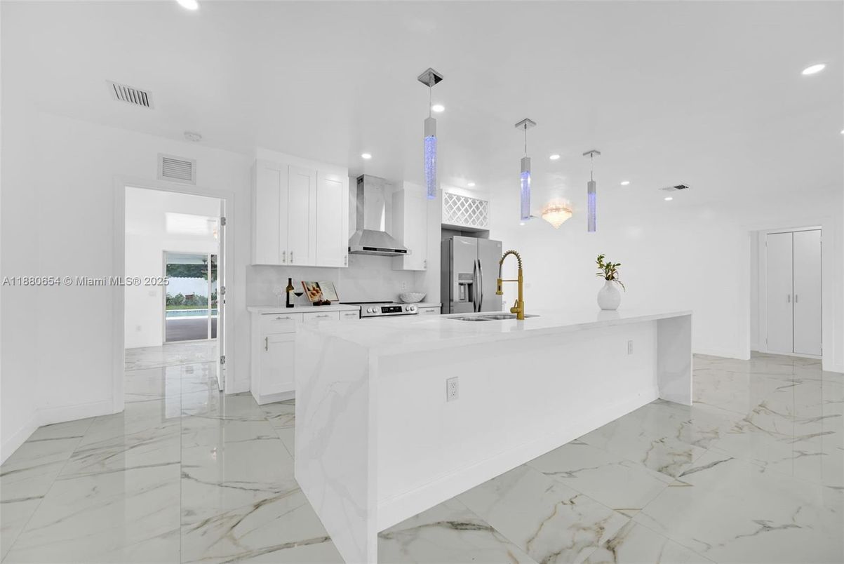 Interior, Kitchen, Marble, Pendant Lights, Recessed Lighting, Stainless Steel Appliances