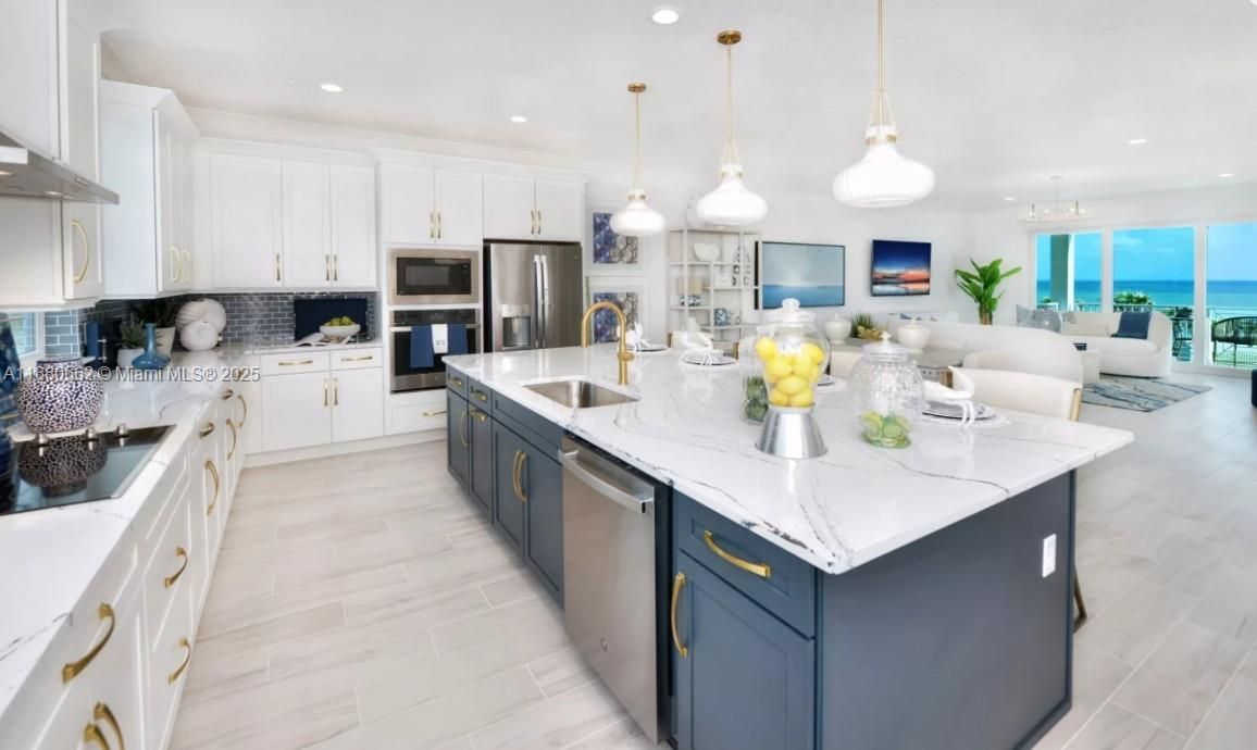 Interior, Kitchen, Living room, Pendant Lights, Recessed Lighting, Stainless Steel Appliances, Water, Wood Texture Flooring