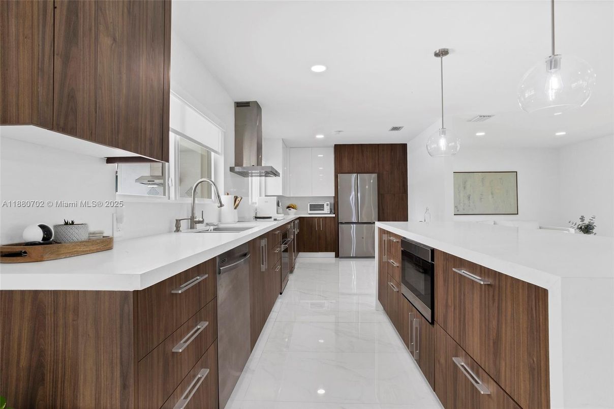 Interior, Kitchen, Marble, Pendant Lights, Recessed Lighting, Stainless Steel Appliances