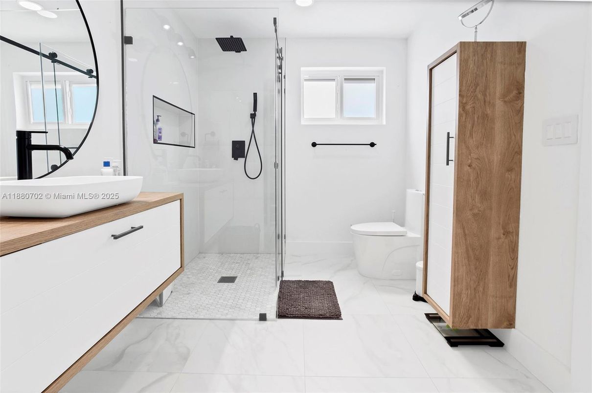 Bathroom, Glass Shower, Interior, Marble, Recessed Lighting