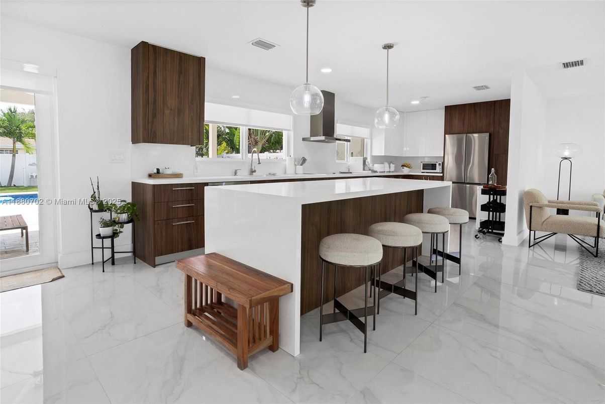 Interior, Kitchen, Marble, Pendant Lights, Recessed Lighting, Stainless Steel Appliances
