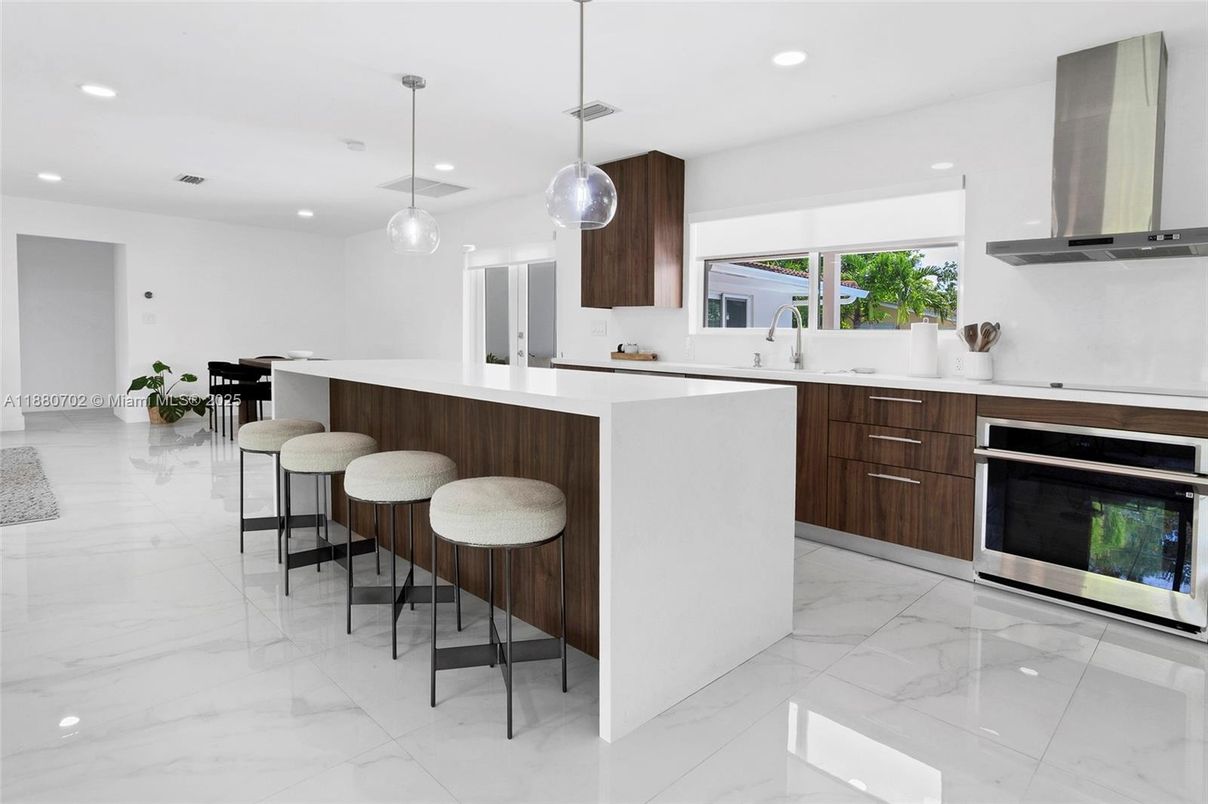 Interior, Kitchen, Marble, Pendant Lights, Recessed Lighting, Stainless Steel Appliances