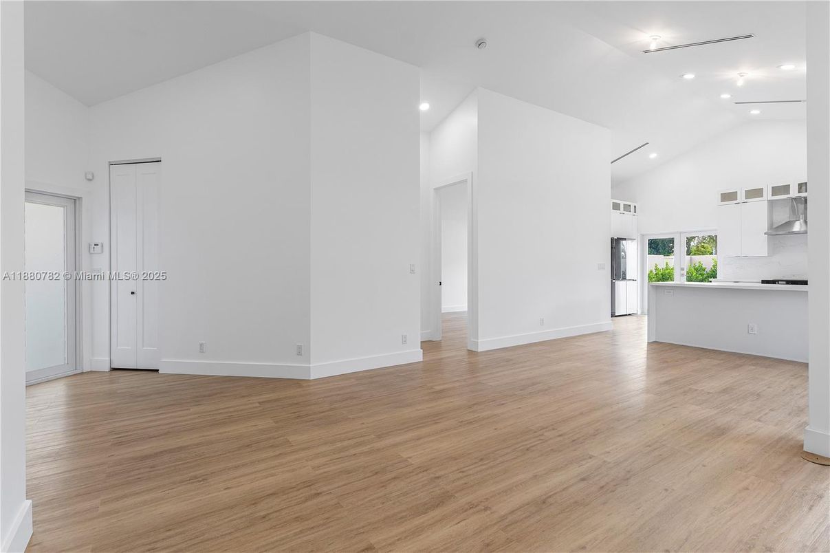 Empty room, Interior, Kitchen, Recessed Lighting, Wood Texture Flooring