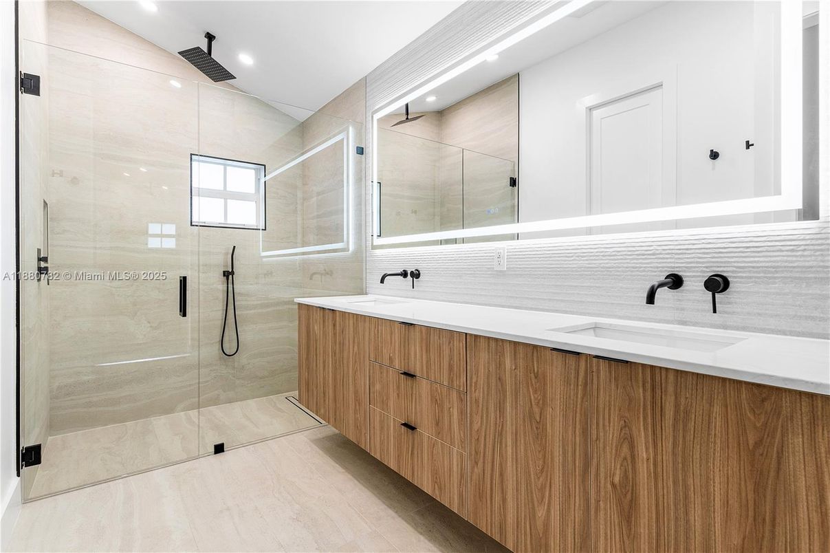 Bathroom, Dual Sink Vanities, Glass Shower, Interior, Recessed Lighting