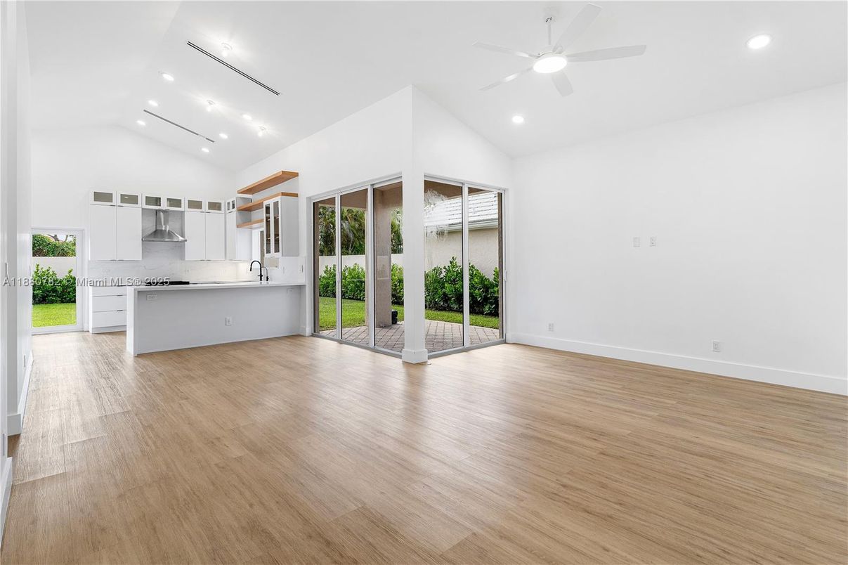 Empty room, Interior, Kitchen, Recessed Lighting, Wood Texture Flooring