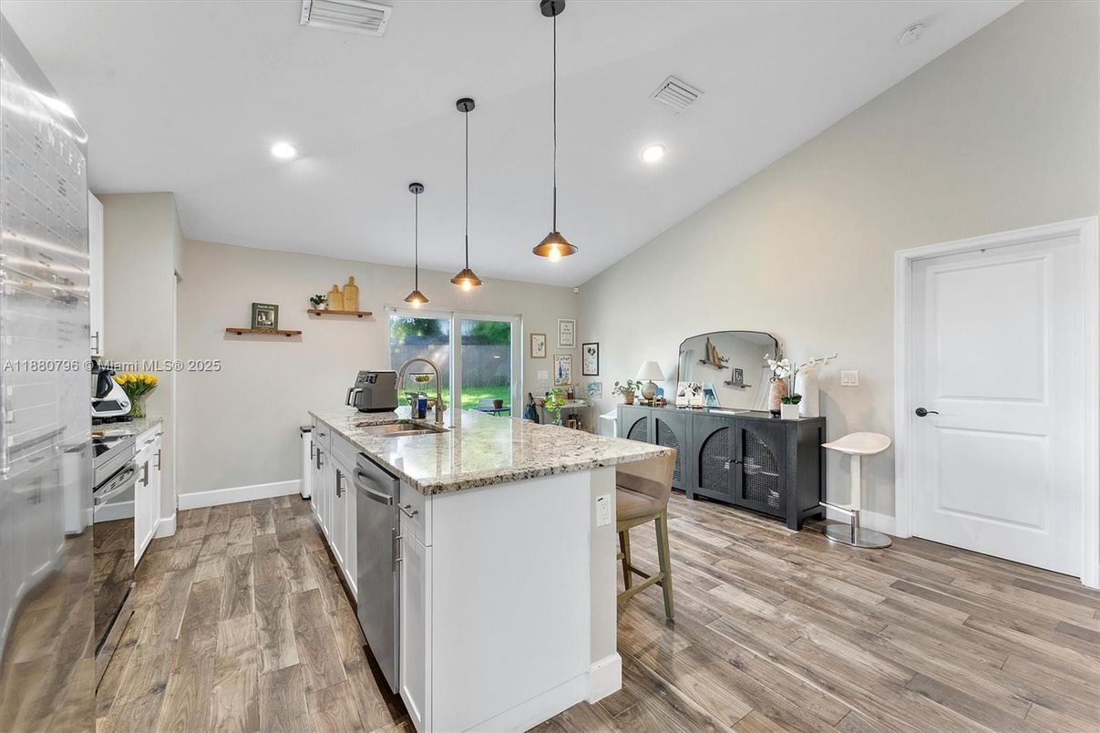 Interior, Kitchen, Pendant Lights, Recessed Lighting, Wood Texture Flooring