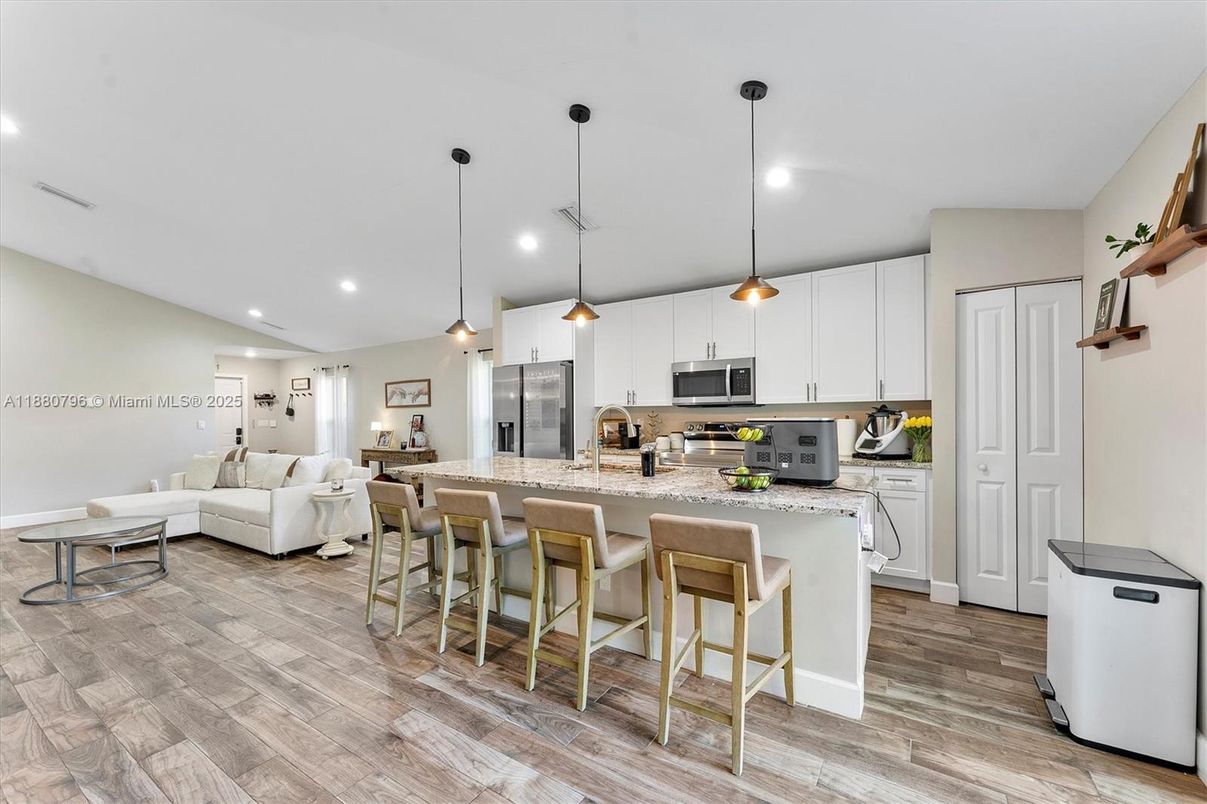 Interior, Kitchen, Living room, Pendant Lights, Recessed Lighting, Stainless Steel Appliances, Wood Texture Flooring