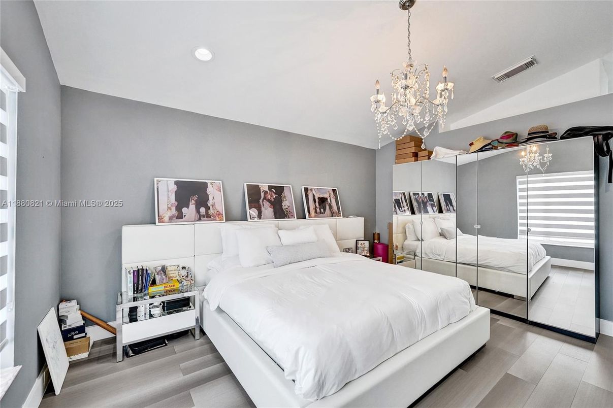 Bedroom, Chandelier, Interior, Recessed Lighting, Wood Texture Flooring