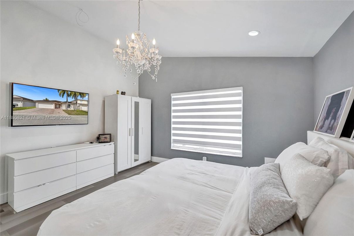 Bedroom, Chandelier, Interior, Recessed Lighting, Wood Texture Flooring