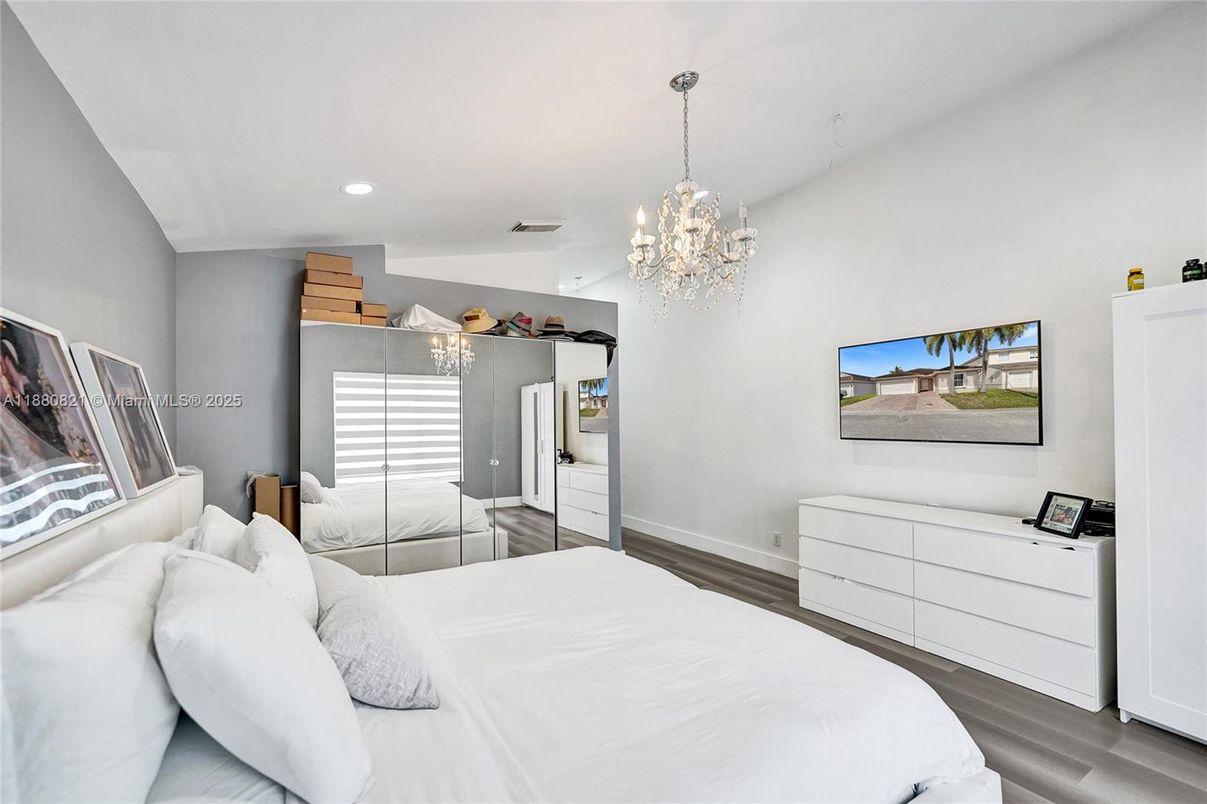 Bedroom, Chandelier, Interior, Recessed Lighting, Wood Texture Flooring