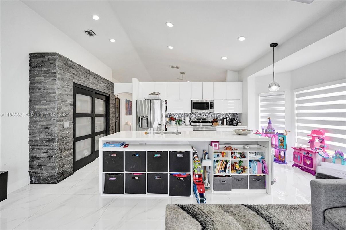 Interior, Kitchen, Marble, Pendant Lights, Recessed Lighting, Stainless Steel Appliances