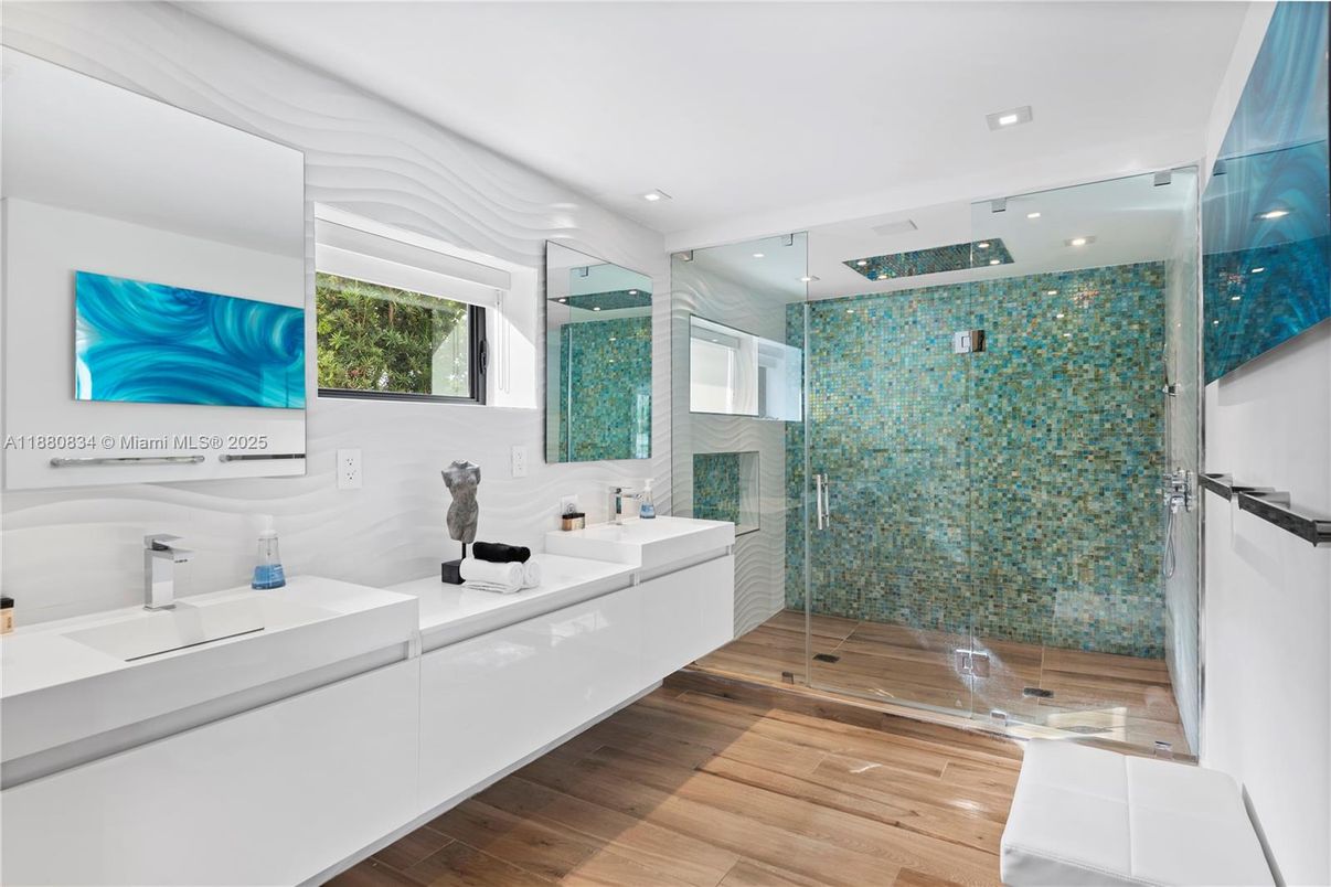 Bathroom, Dual Sink Vanities, Glass Shower, Interior, Recessed Lighting, Wood Texture Flooring