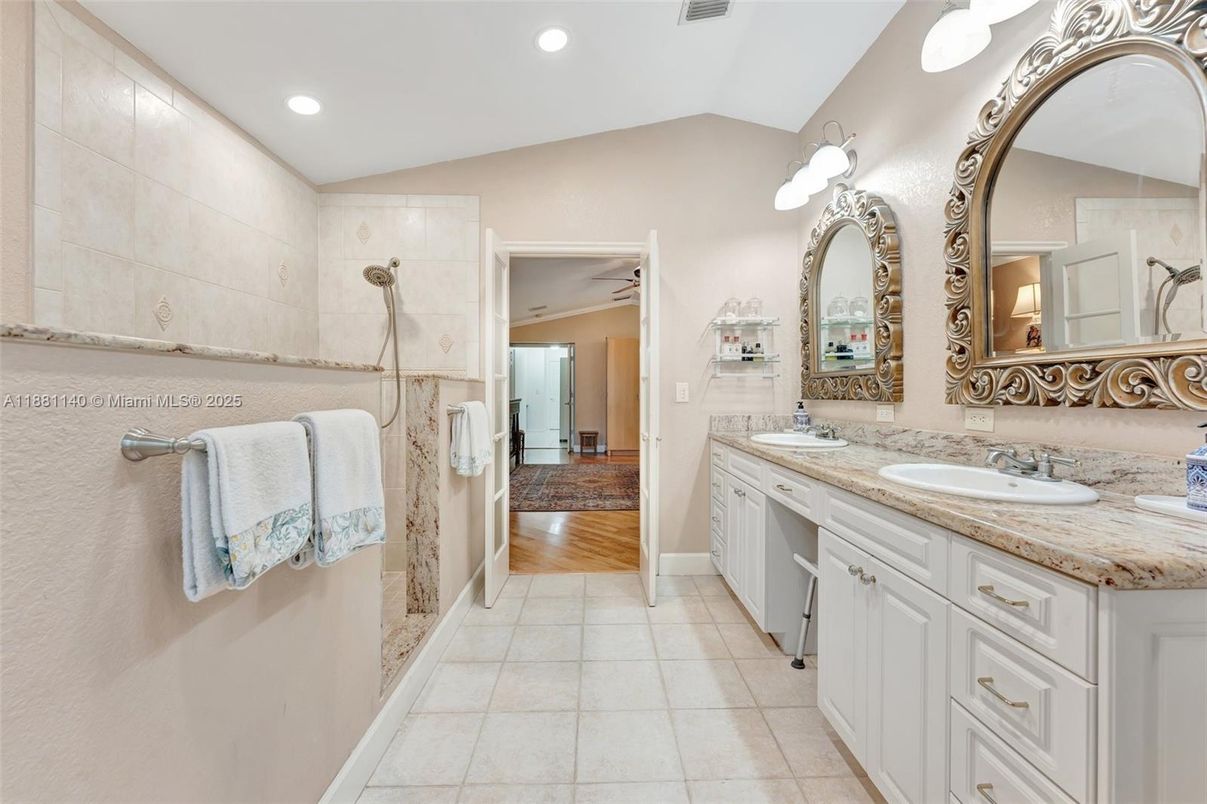 Bathroom, Dual Sink Vanities, Interior, Recessed Lighting, Wood Texture Flooring