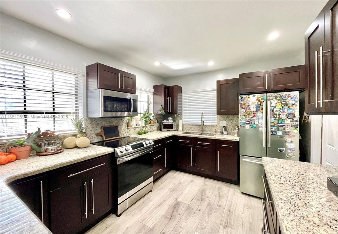 Interior, Kitchen, Recessed Lighting, Stainless Steel Appliances, Wood Texture Flooring