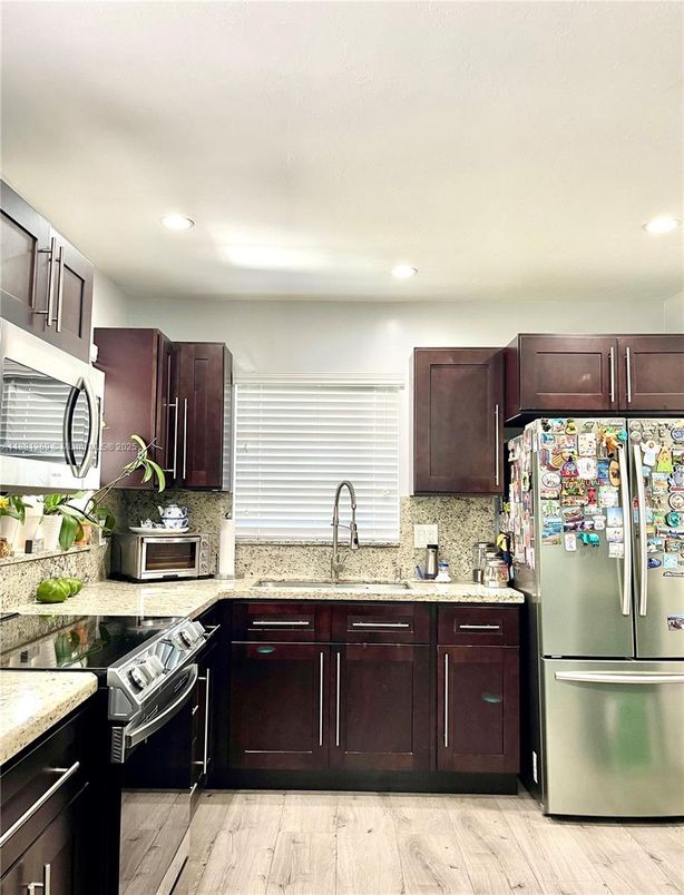 Interior, Kitchen, Recessed Lighting, Stainless Steel Appliances, Wood Texture Flooring