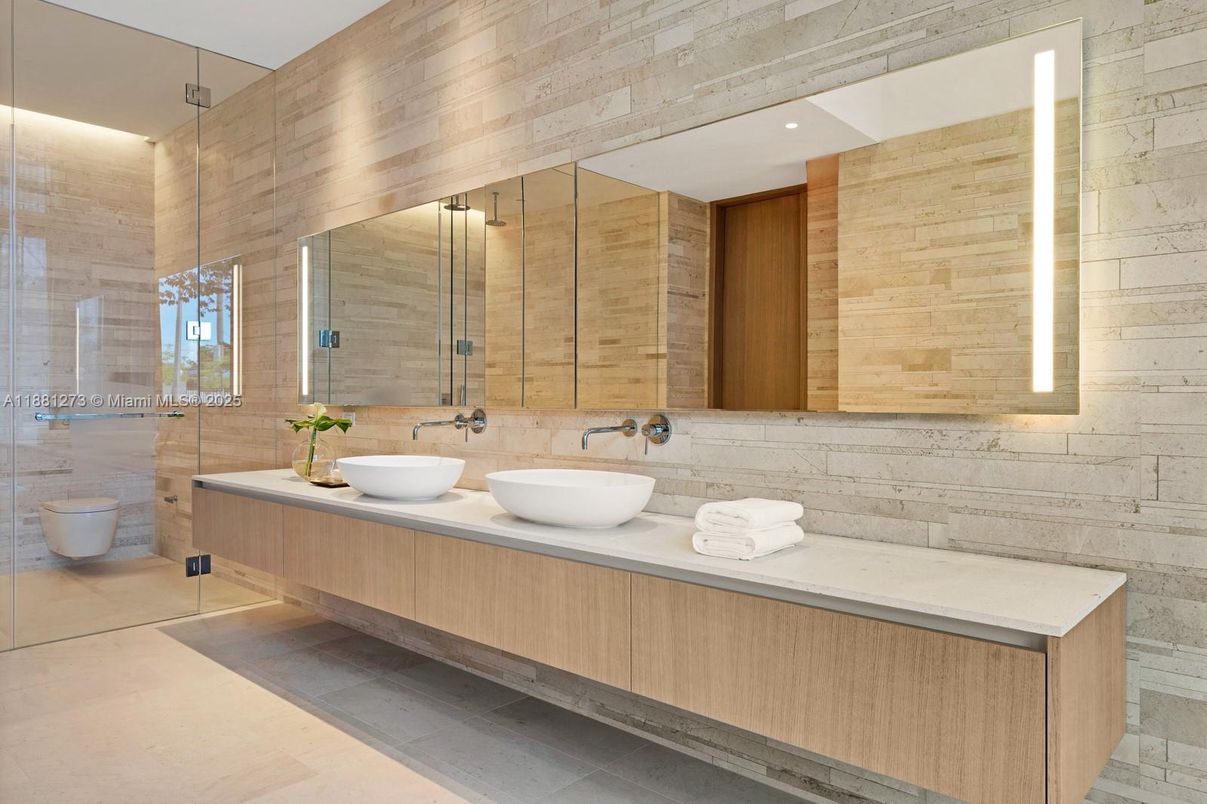 Bathroom, Dual Sink Vanities, Glass Shower, Interior, Recessed Lighting, Wooden Walls