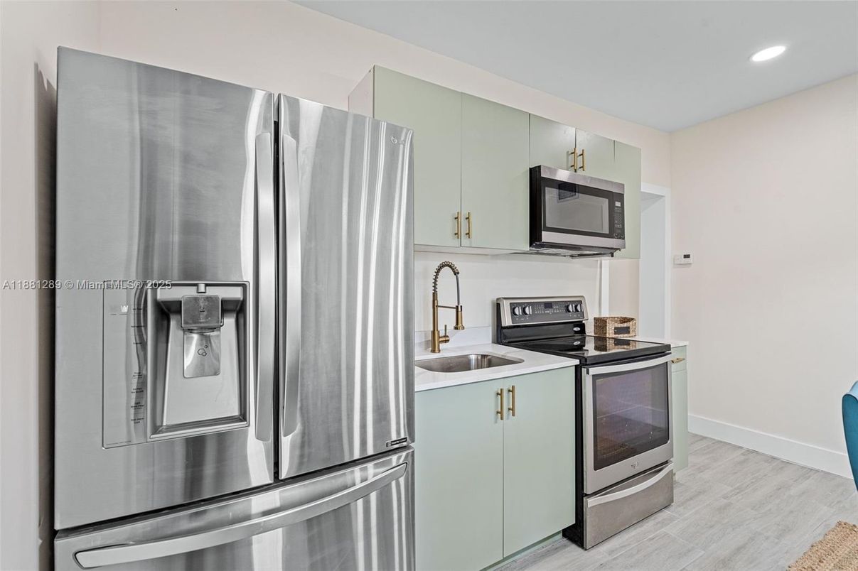 Interior, Kitchen, Recessed Lighting, Stainless Steel Appliances, Wood Texture Flooring