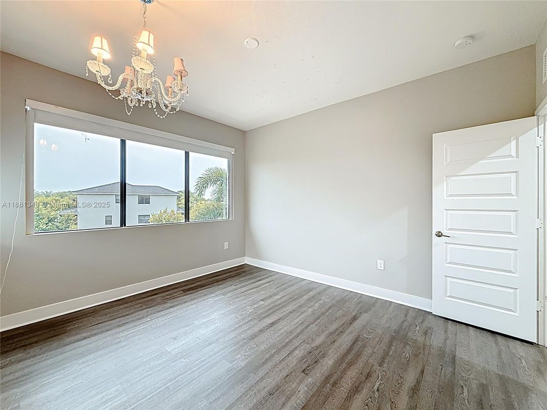 Chandelier, Empty room, Interior, Recessed Lighting, Wood Texture Flooring