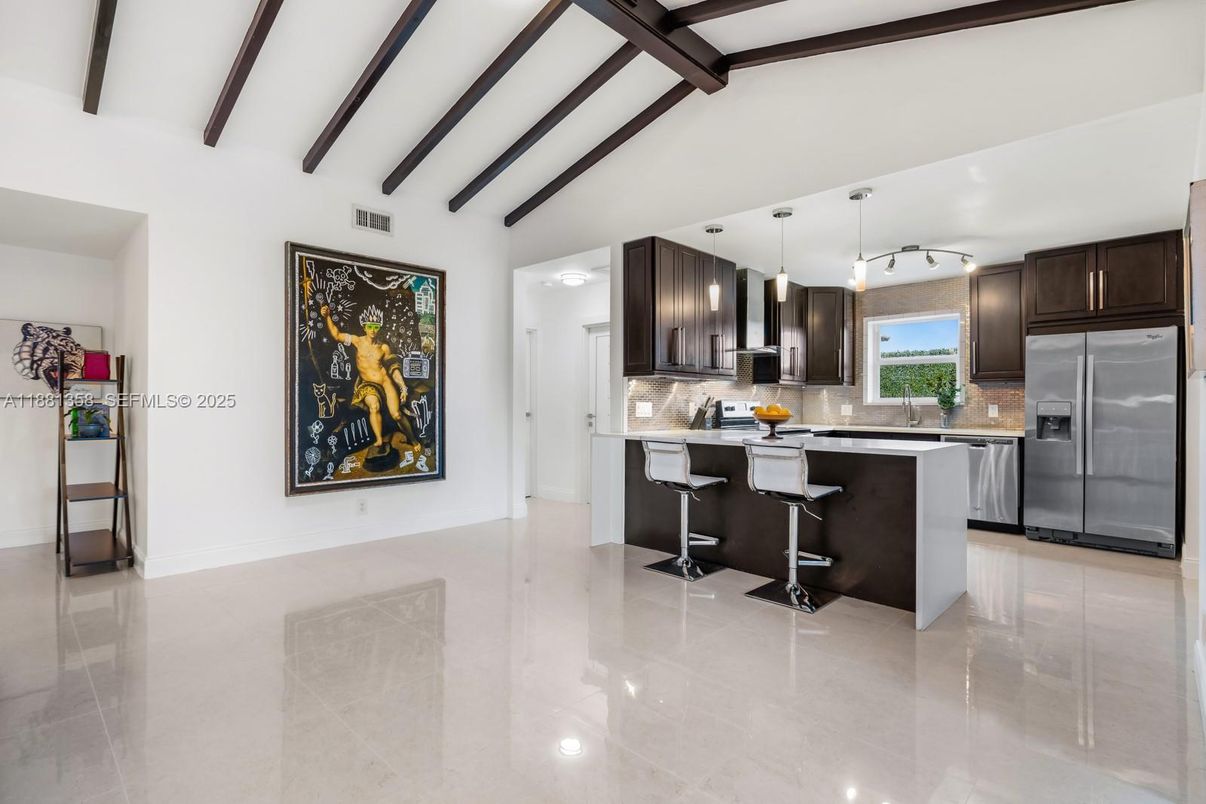 Interior, Kitchen, Pendant Lights, Stainless Steel Appliances, Wooden Beams