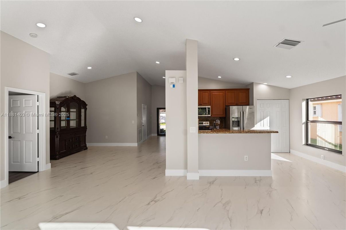 Empty room, Interior, Kitchen, Marble, Recessed Lighting