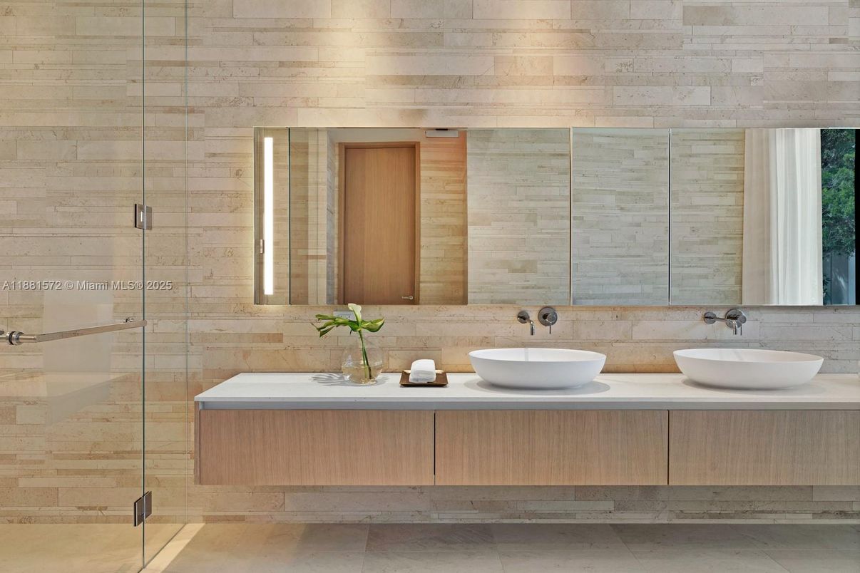 Bathroom, Dual Sink Vanities, Glass Shower, Interior, Stone Walls