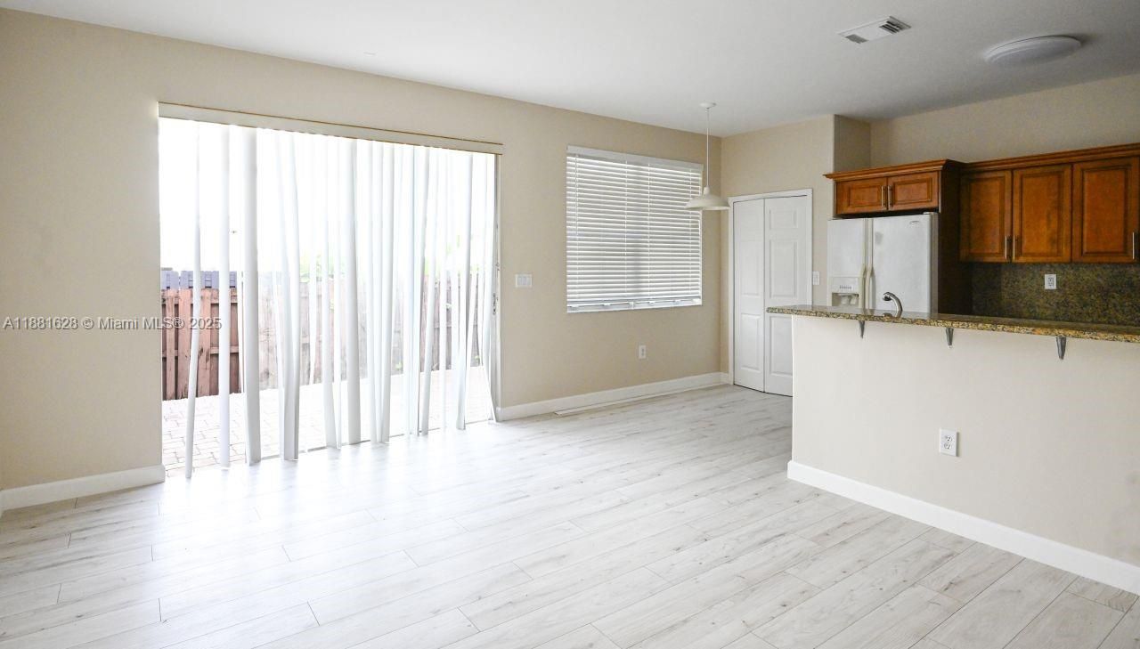 Empty room, Interior, Kitchen, Pendant Lights, Wood Texture Flooring