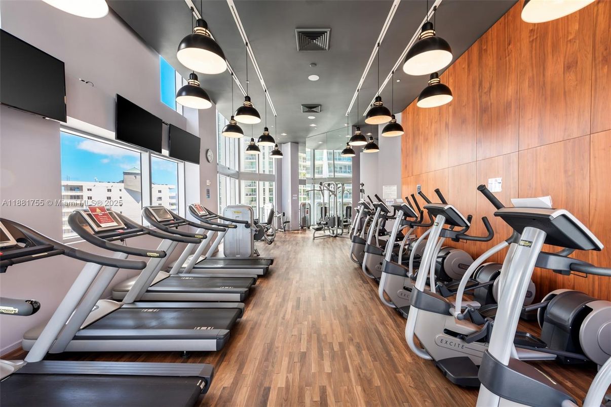 Fitness Equipment, Gym, Interior, Pendant Lights, Wood Texture Flooring