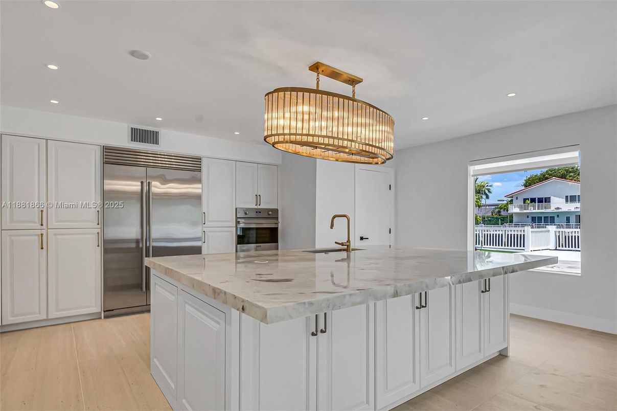 Chandelier, Interior, Kitchen, Recessed Lighting, Stainless Steel Appliances, Wood Texture Flooring