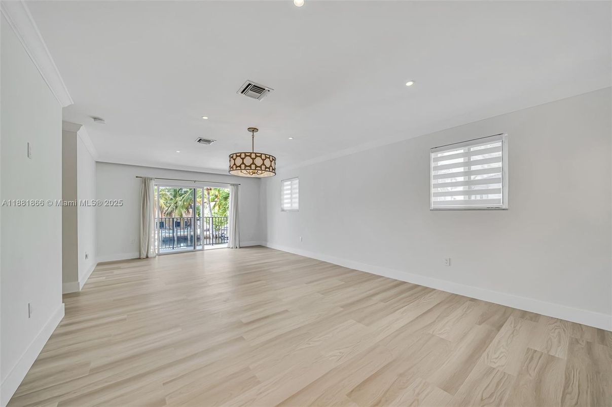 Chandelier, Empty room, Interior, Recessed Lighting, Wood Texture Flooring