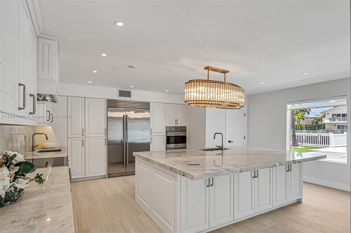 Chandelier, Interior, Kitchen, Recessed Lighting, Stainless Steel Appliances, Wood Texture Flooring