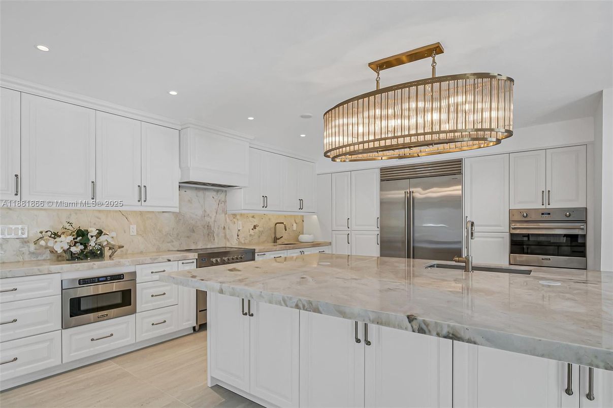 Chandelier, Interior, Kitchen, Recessed Lighting, Stainless Steel Appliances, Wood Texture Flooring