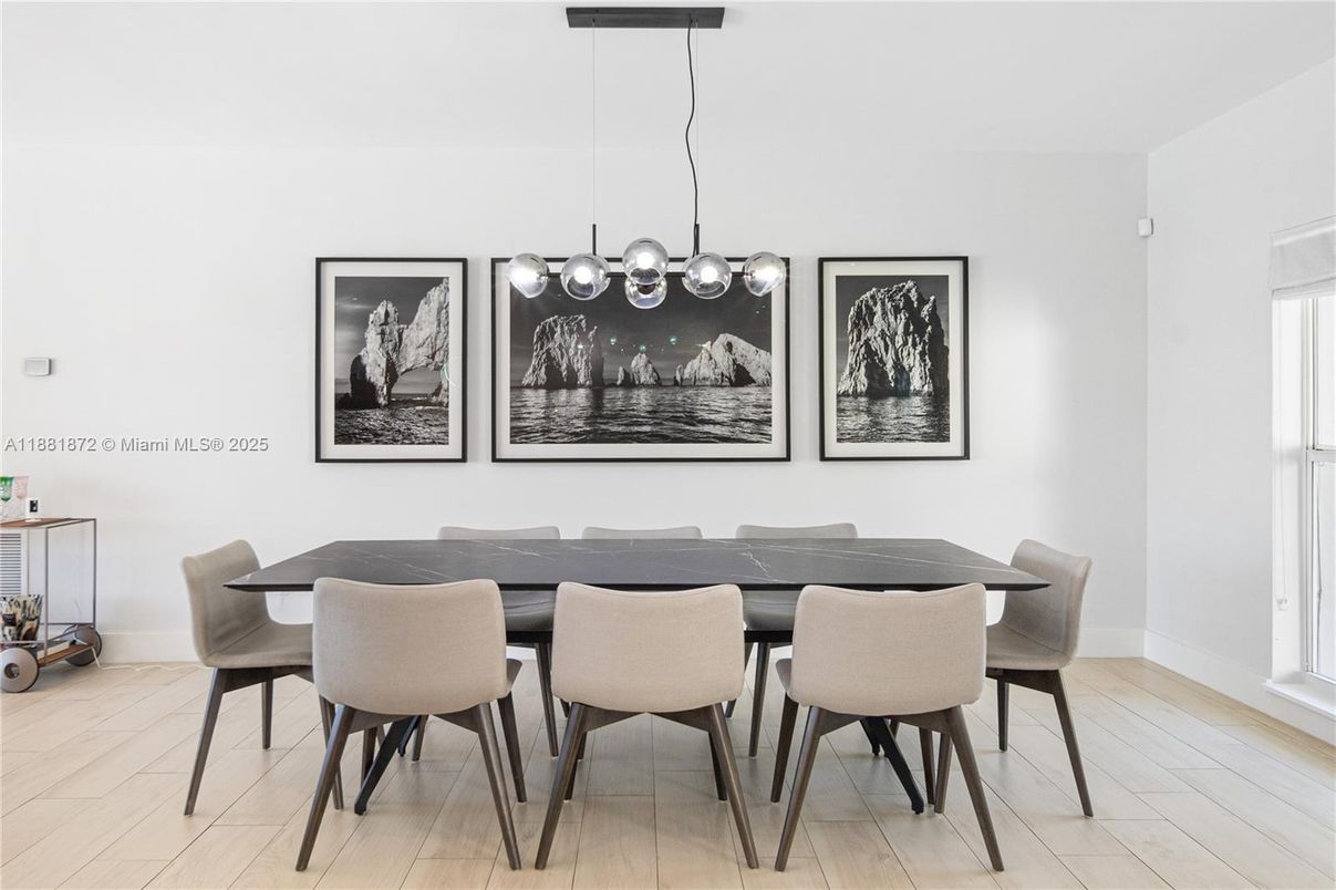 Dining room, Interior, Pendant Lights, Wood Texture Flooring