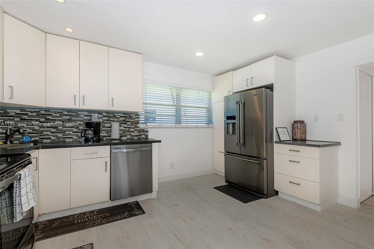 Interior, Kitchen, Recessed Lighting, Stainless Steel Appliances, Wood Texture Flooring