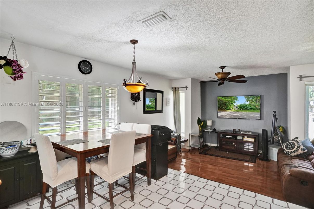 Dining room, Interior, Pendant Lights, Wood Texture Flooring