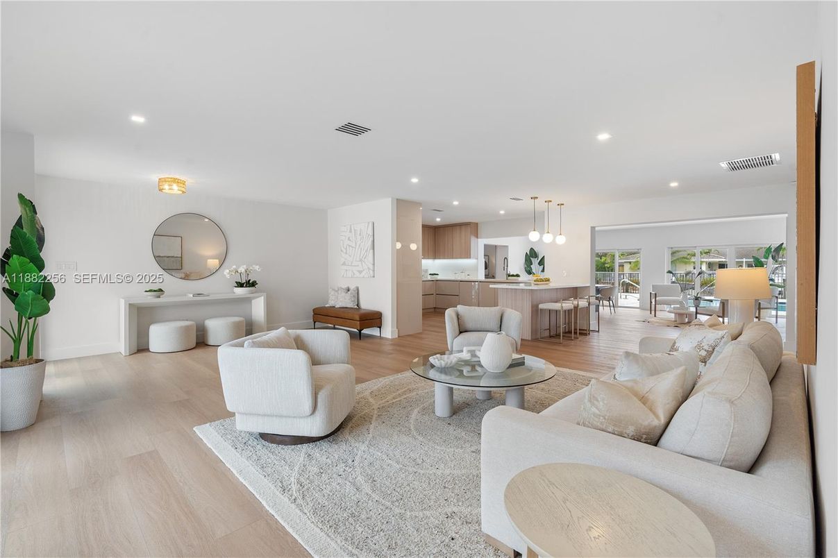 Dining room, Interior, Kitchen, Living room, Pendant Lights, Recessed Lighting, Wood Texture Flooring