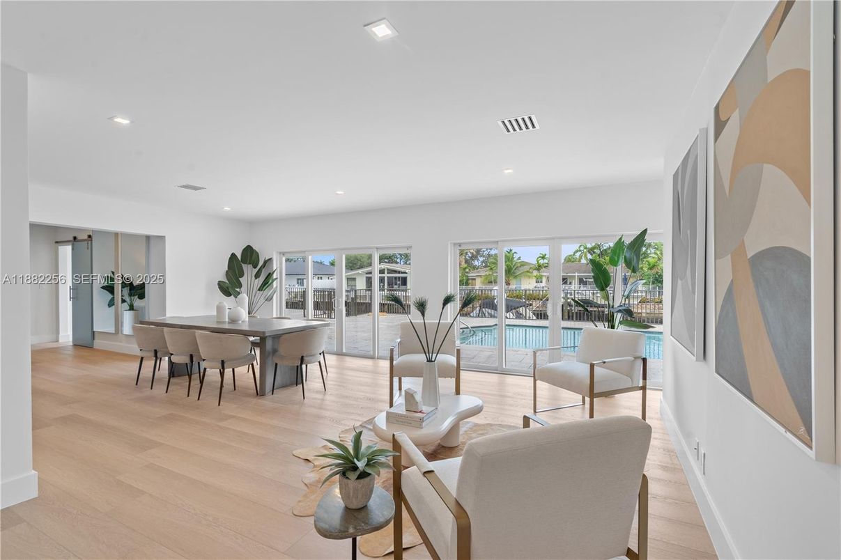 Dining room, Interior, Living room, Recessed Lighting, Water, Wood Texture Flooring