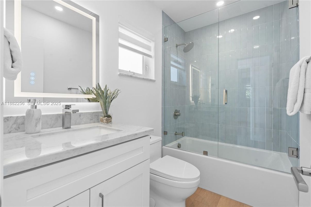 Bathroom, Glass Shower, Interior, Recessed Lighting, Wood Texture Flooring