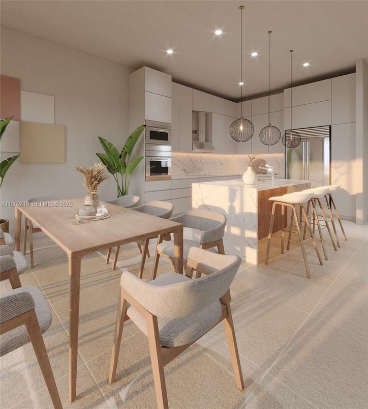 Dining room, Interior, Kitchen, Pendant Lights, Recessed Lighting, Stainless Steel Appliances