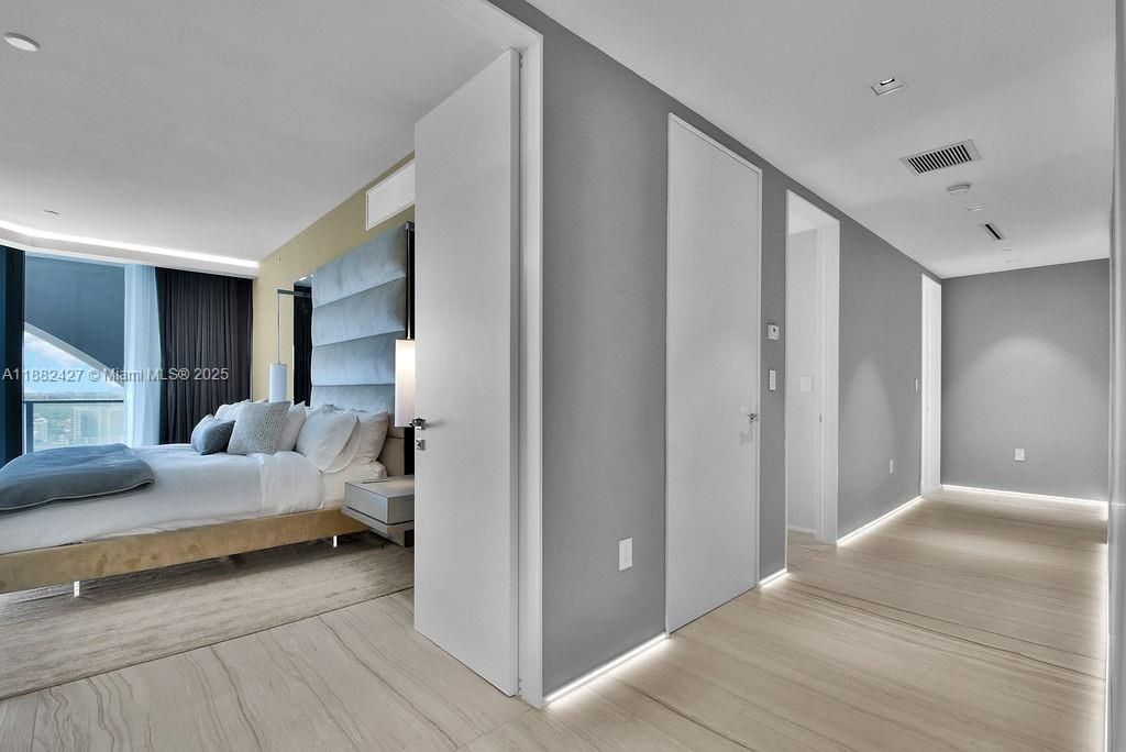 Bedroom, Interior, Recessed Lighting, Wood Texture Flooring