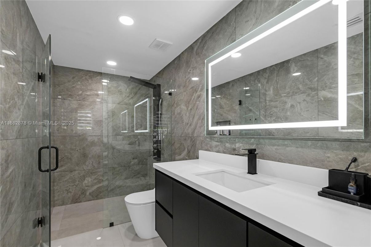 Bathroom, Glass Shower, Interior, Marble Walls, Recessed Lighting
